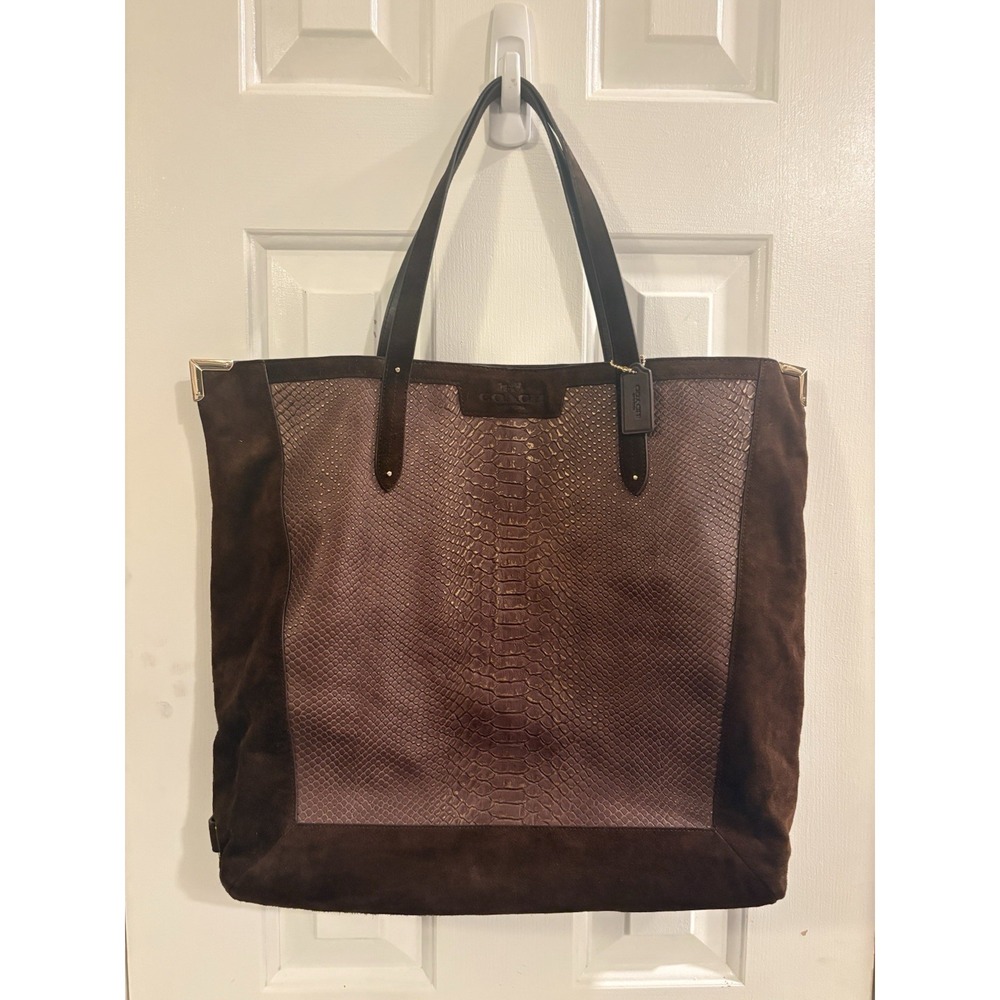 Coach Brown Embossed Suede Snake Print Tote Shoulder Bag Zip Gold Hardware